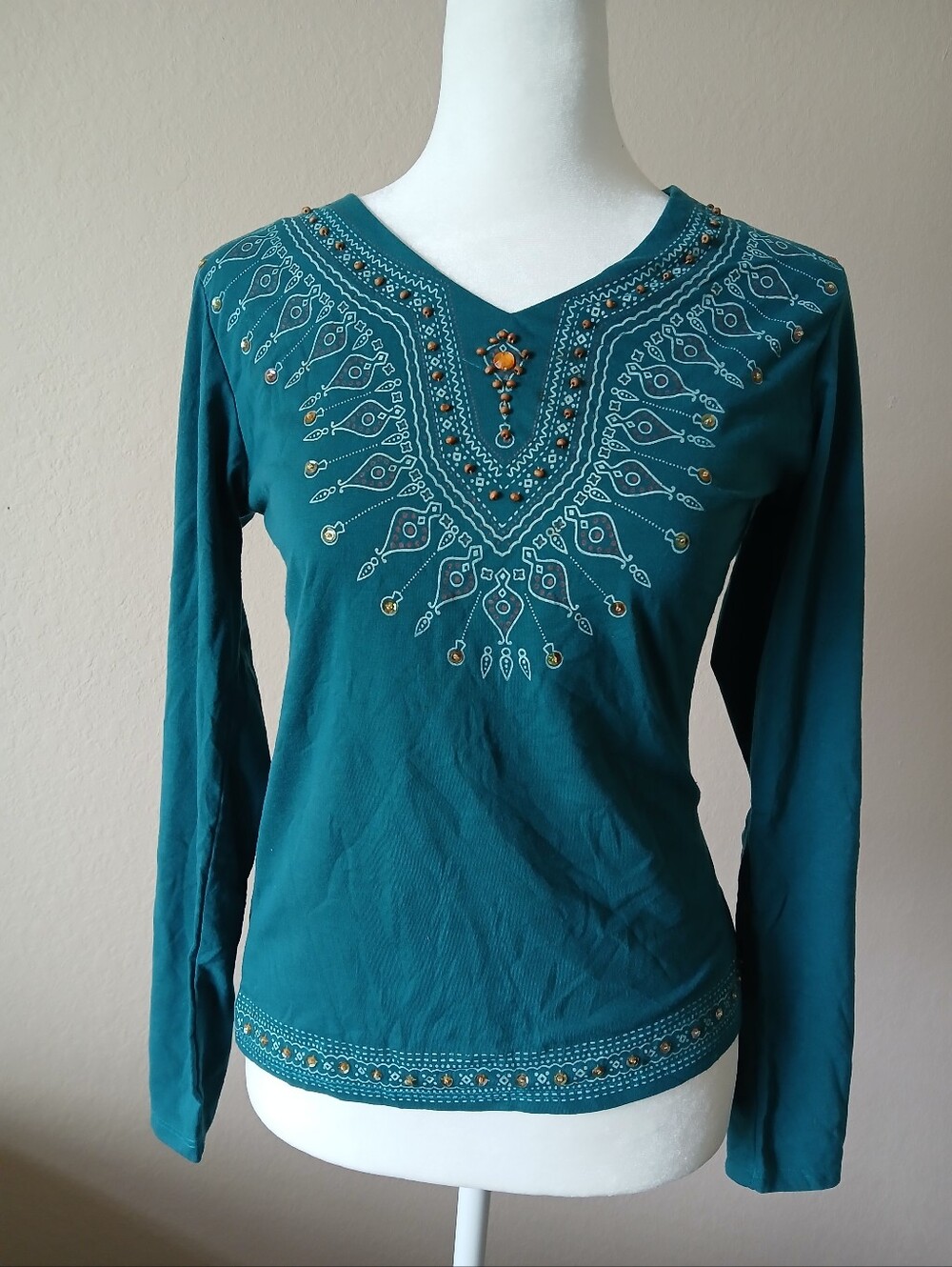 Embellished Teal V-Neck Long Sleeve Top